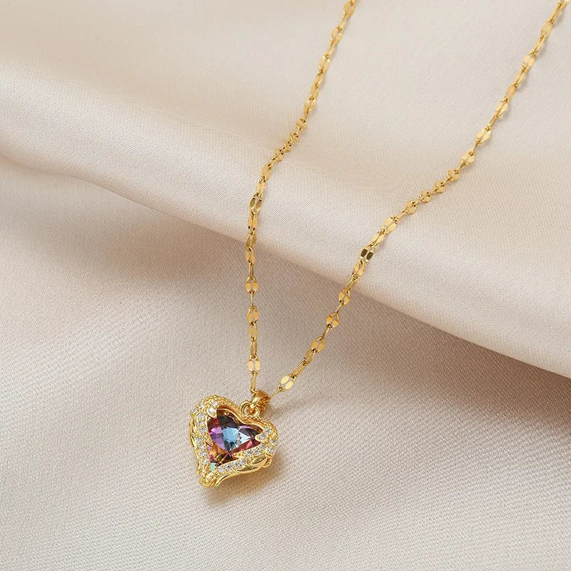 Top Luxury Colorful Crystal Ocean Heart Pendant Necklace For Women Trendy 316L Stainless Steel Jewelry Female Wedding Neck Chain - PrimeNest