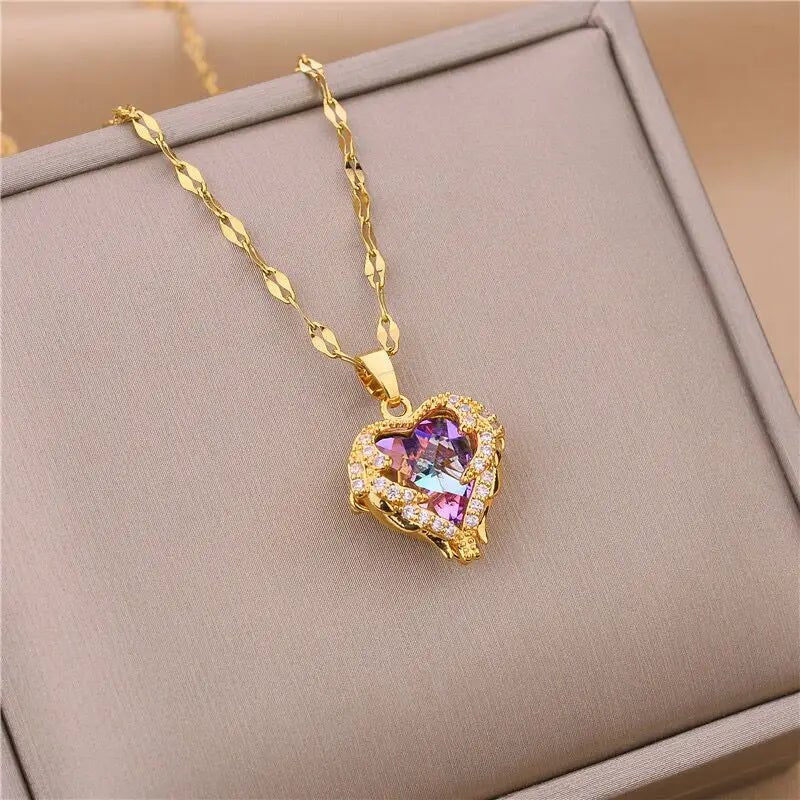 Top Luxury Colorful Crystal Ocean Heart Pendant Necklace For Women Trendy 316L Stainless Steel Jewelry Female Wedding Neck Chain - PrimeNest