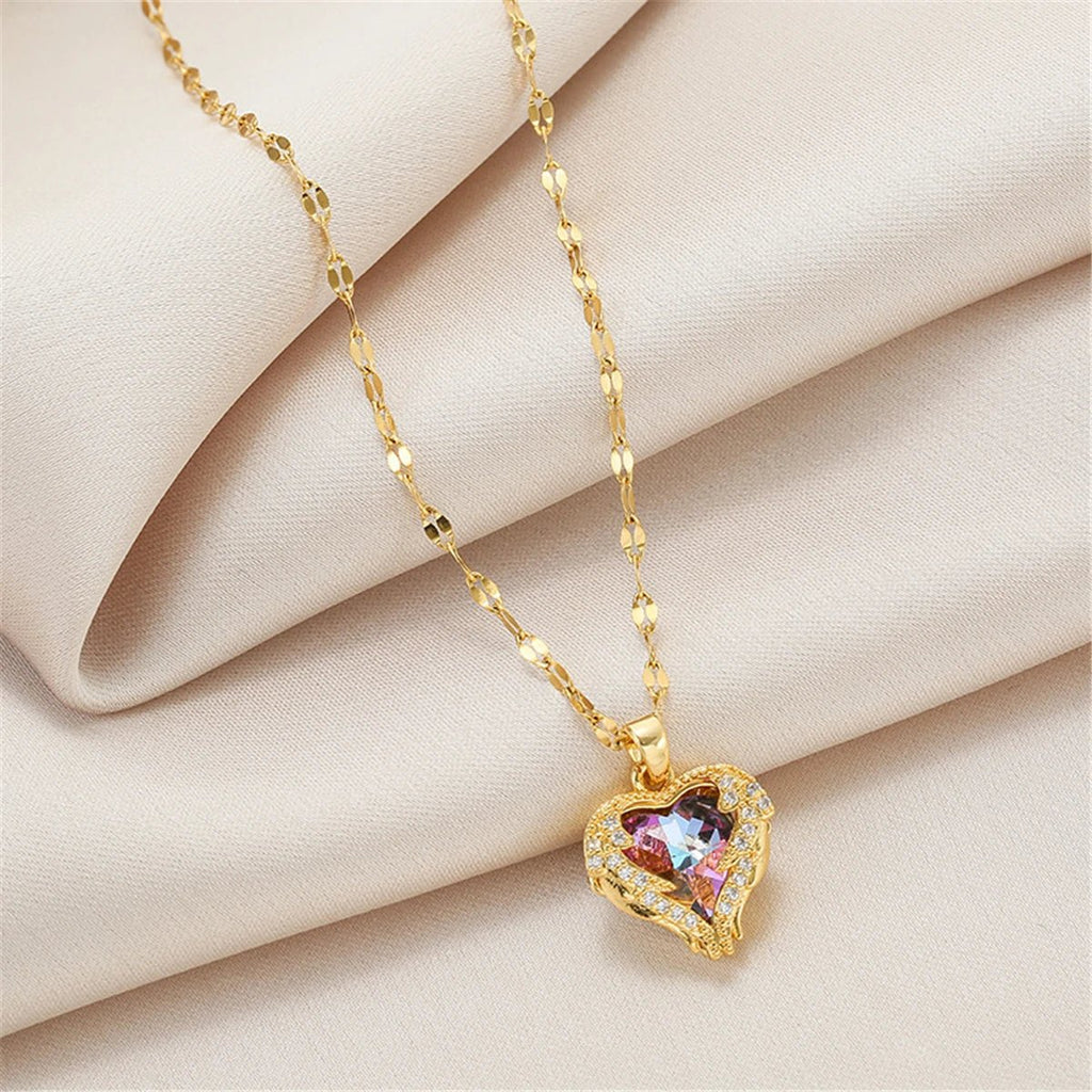 Top Luxury Colorful Crystal Ocean Heart Pendant Necklace For Women Trendy 316L Stainless Steel Jewelry Female Wedding Neck Chain - PrimeNest