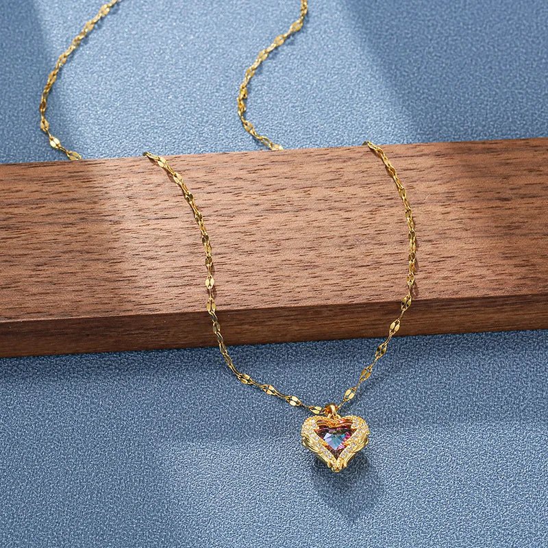 Top Luxury Colorful Crystal Ocean Heart Pendant Necklace For Women Trendy 316L Stainless Steel Jewelry Female Wedding Neck Chain - PrimeNest