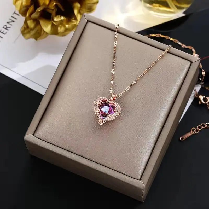 Top Luxury Colorful Crystal Ocean Heart Pendant Necklace For Women Trendy 316L Stainless Steel Jewelry Female Wedding Neck Chain - PrimeNest