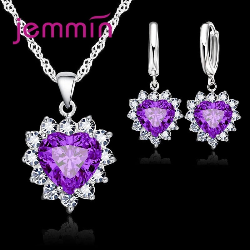 Top Sale Wding Engagement Anniversary Gift Jewelry Sets 925 Silver Color Stamped Heart Pendant Hoop Earrings for Women Girls - PrimeNest