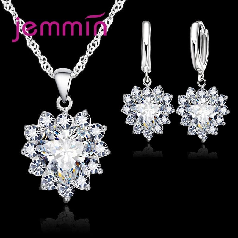 Top Sale Wding Engagement Anniversary Gift Jewelry Sets 925 Silver Color Stamped Heart Pendant Hoop Earrings for Women Girls - PrimeNest