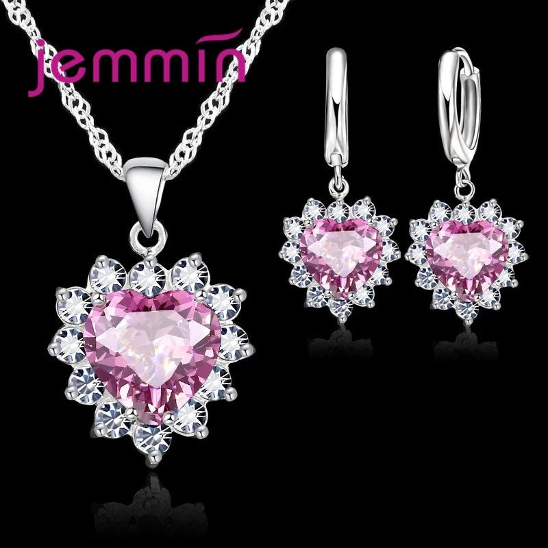Top Sale Wding Engagement Anniversary Gift Jewelry Sets 925 Silver Color Stamped Heart Pendant Hoop Earrings for Women Girls - PrimeNest