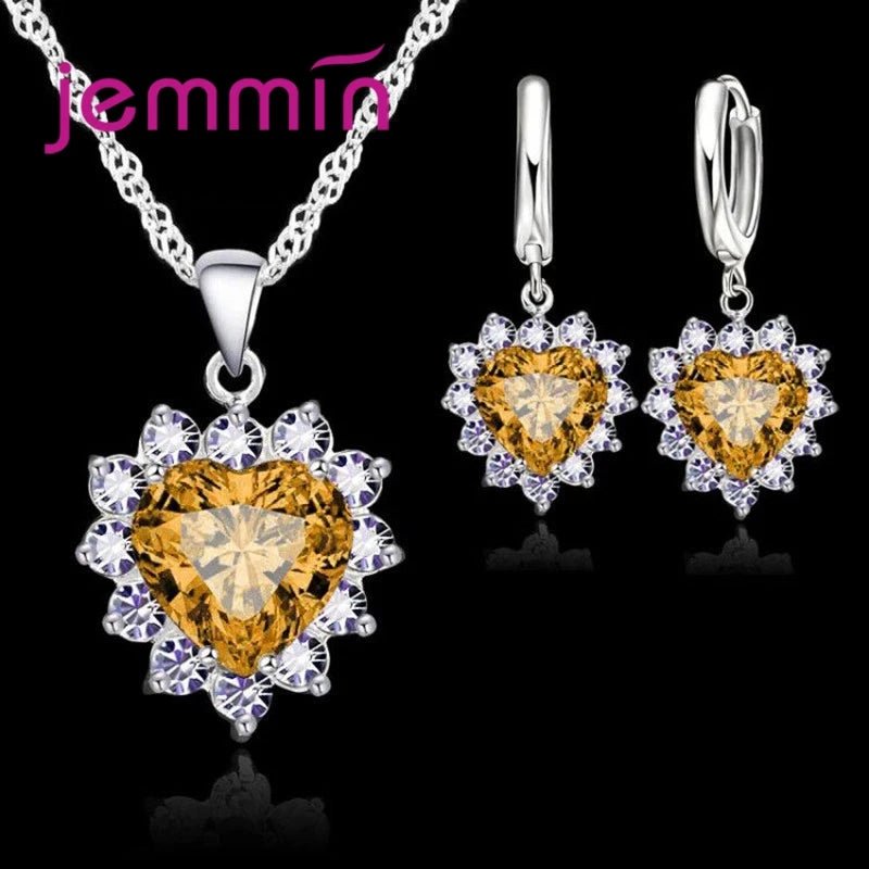 Top Sale Wding Engagement Anniversary Gift Jewelry Sets 925 Silver Color Stamped Heart Pendant Hoop Earrings for Women Girls - PrimeNest