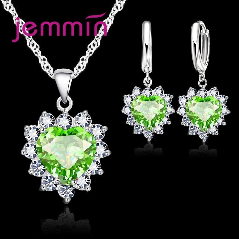 Top Sale Wding Engagement Anniversary Gift Jewelry Sets 925 Silver Color Stamped Heart Pendant Hoop Earrings for Women Girls - PrimeNest