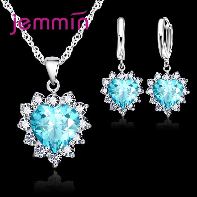 Top Sale Wding Engagement Anniversary Gift Jewelry Sets 925 Silver Color Stamped Heart Pendant Hoop Earrings for Women Girls - PrimeNest