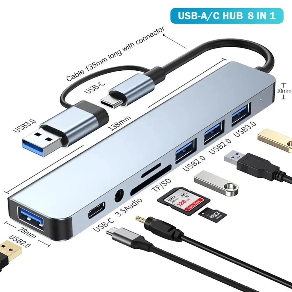 USB C Hub USB Splitter 8 in 1 USB Extender with 4 USB Port 1 USBC Port TF/SD Card Reader Audio Output Compatible for MacBook - PrimeNest
