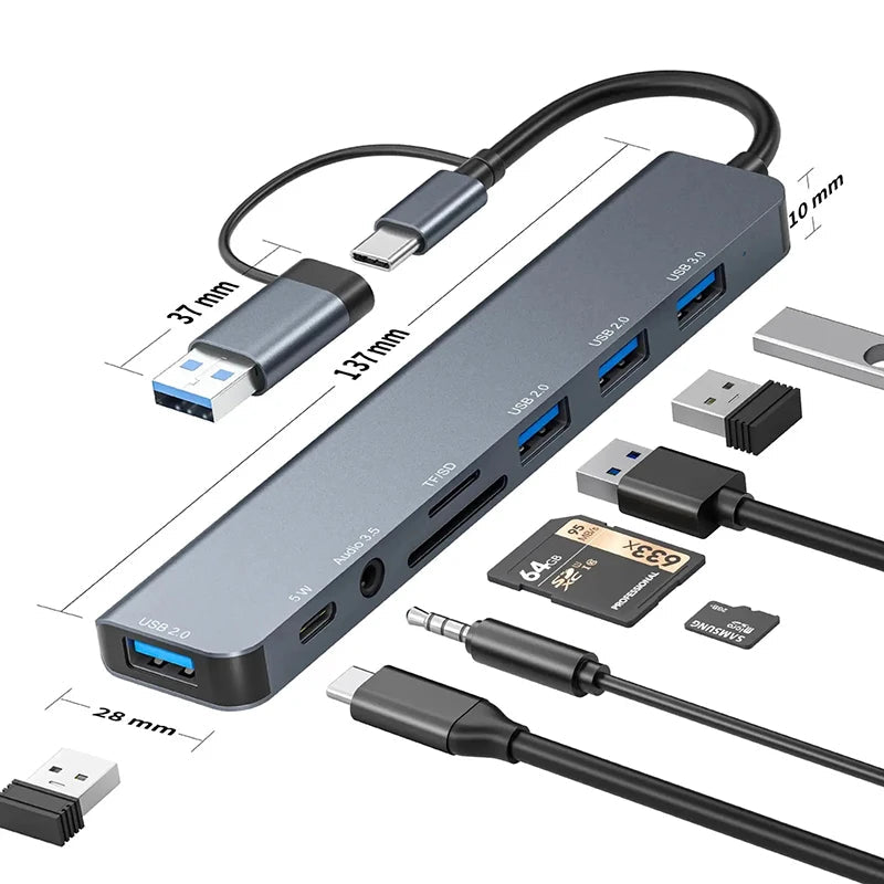 USB C Hub USB Splitter 8 in 1 USB Extender with 4 USB Port 1 USBC Port TF/SD Card Reader Audio Output Compatible for MacBook - PrimeNest
