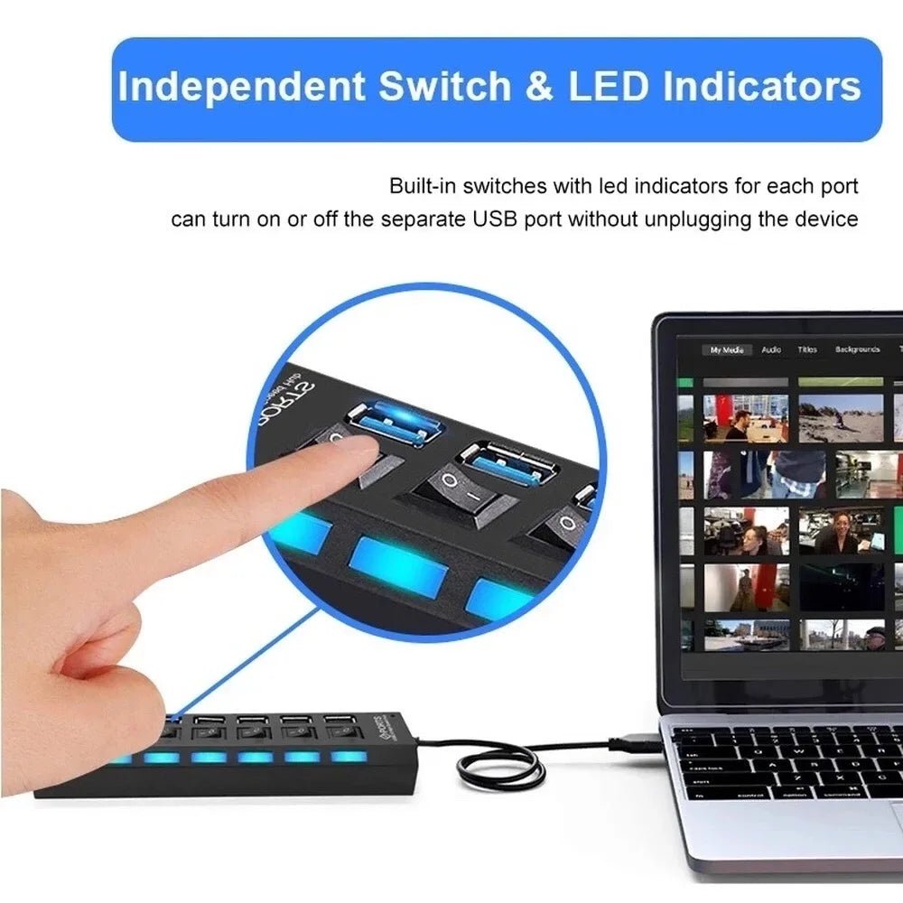 USB Hub 7 Port Multi USB Splitter Power Adapter Multiple Expander With On Off Switch For PC Laptop MacBook Accessories - PrimeNest