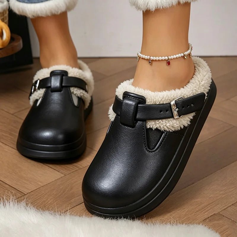 Waterproof Eva Furry Mules Slippers Women 2025 Winter Metal Buckle Warm Plush Slippers Soft Thick Bottom Non Slip Indoor Slides - PrimeNest