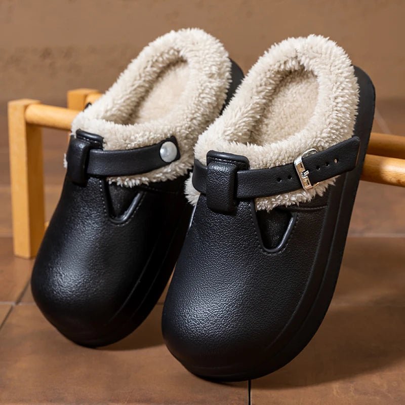 Waterproof Eva Furry Mules Slippers Women 2025 Winter Metal Buckle Warm Plush Slippers Soft Thick Bottom Non Slip Indoor Slides - PrimeNest