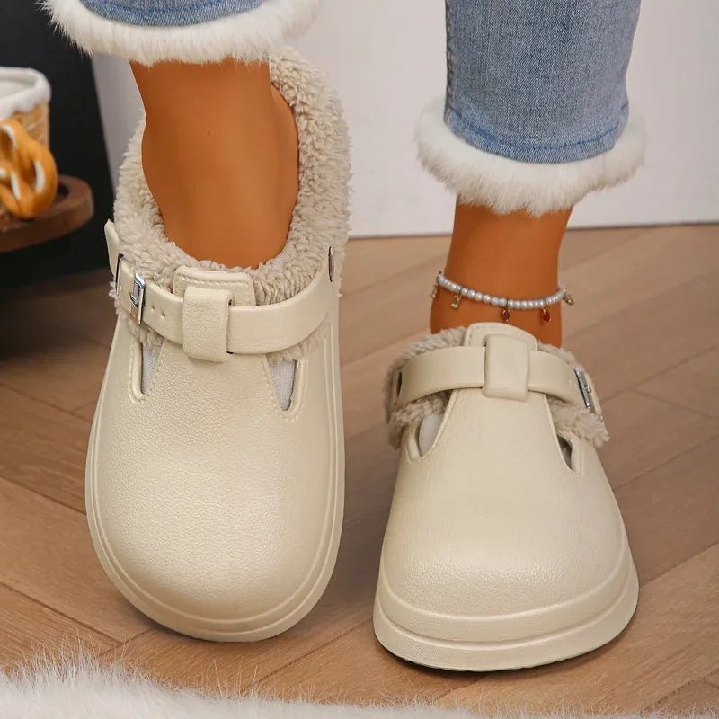 Waterproof Eva Furry Mules Slippers Women 2025 Winter Metal Buckle Warm Plush Slippers Soft Thick Bottom Non Slip Indoor Slides - PrimeNest