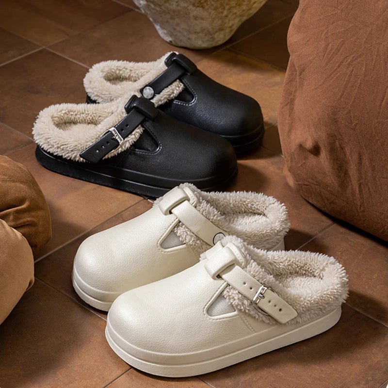 Waterproof Eva Furry Mules Slippers Women 2025 Winter Metal Buckle Warm Plush Slippers Soft Thick Bottom Non Slip Indoor Slides - PrimeNest