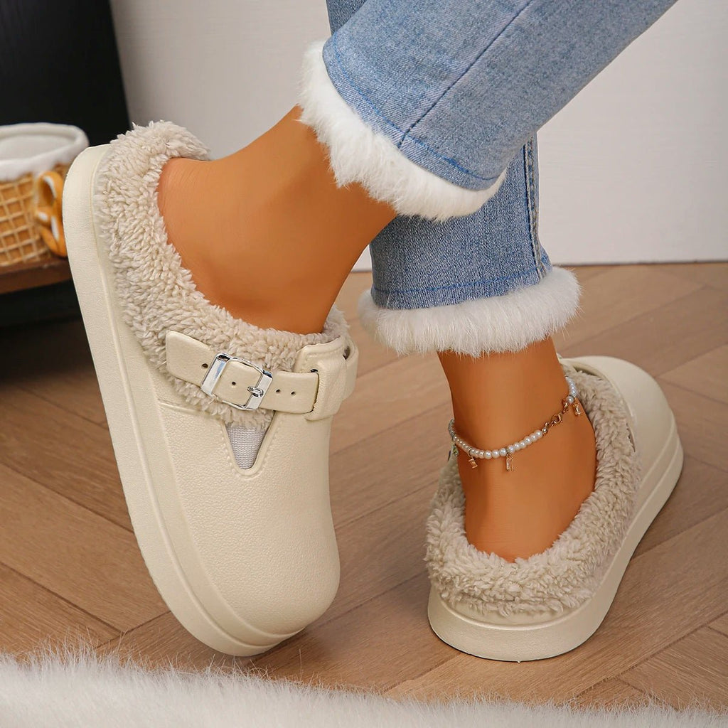 Waterproof Eva Furry Mules Slippers Women 2025 Winter Metal Buckle Warm Plush Slippers Soft Thick Bottom Non Slip Indoor Slides - PrimeNest