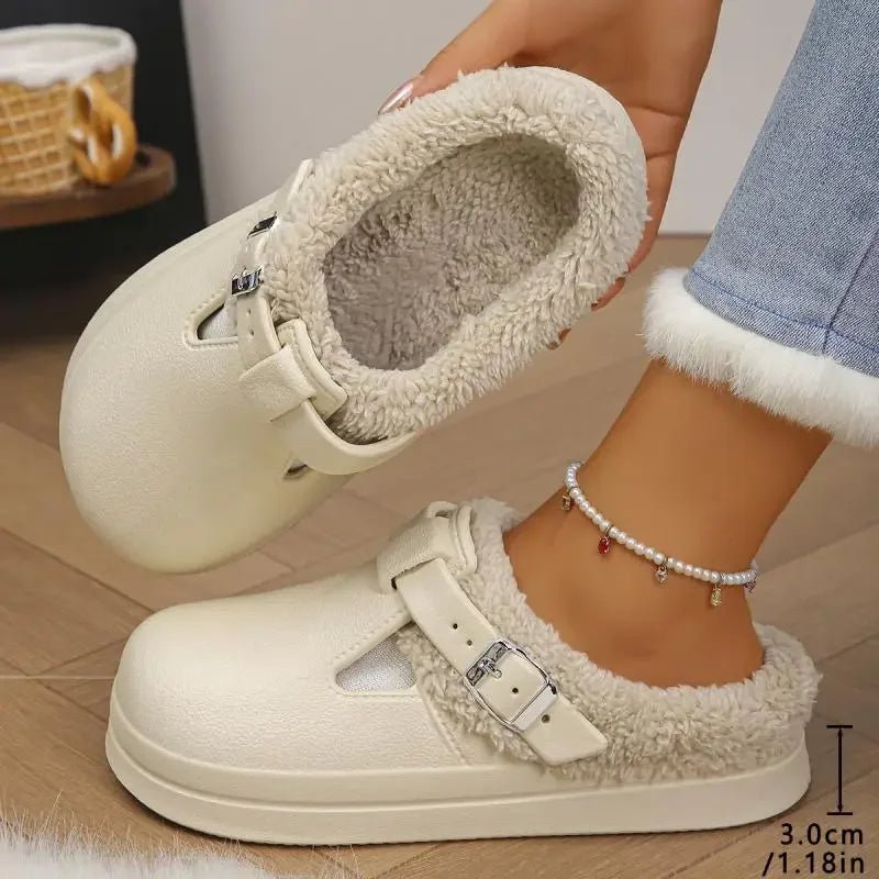 Waterproof Eva Furry Mules Slippers Women 2025 Winter Metal Buckle Warm Plush Slippers Soft Thick Bottom Non Slip Indoor Slides - PrimeNest