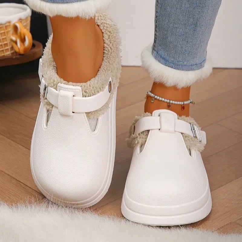 Waterproof Eva Furry Mules Slippers Women 2025 Winter Metal Buckle Warm Plush Slippers Soft Thick Bottom Non Slip Indoor Slides - PrimeNest
