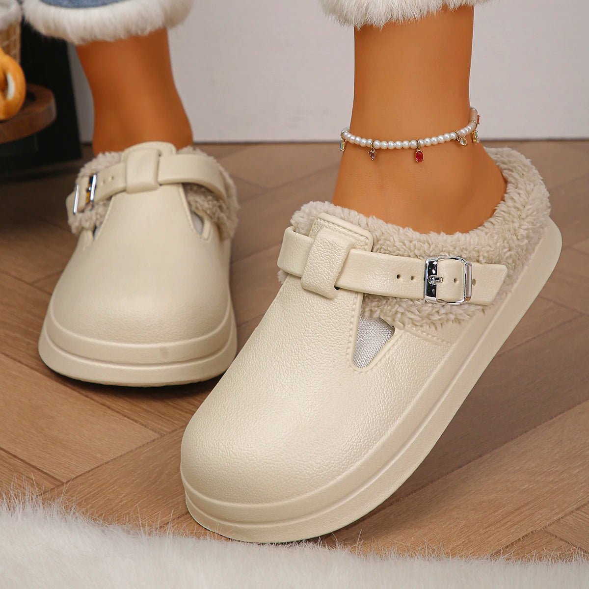 Waterproof Eva Furry Mules Slippers Women 2025 Winter Metal Buckle Warm Plush Slippers Soft Thick Bottom Non Slip Indoor Slides - PrimeNest