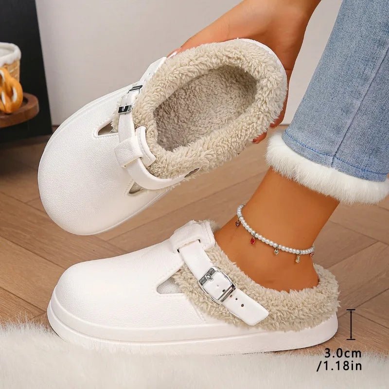Waterproof Eva Furry Mules Slippers Women 2025 Winter Metal Buckle Warm Plush Slippers Soft Thick Bottom Non Slip Indoor Slides - PrimeNest