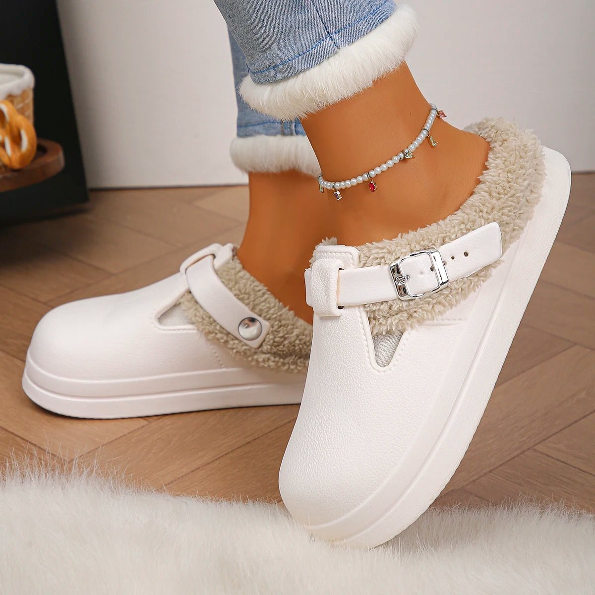 Waterproof Eva Furry Mules Slippers Women 2025 Winter Metal Buckle Warm Plush Slippers Soft Thick Bottom Non Slip Indoor Slides - PrimeNest