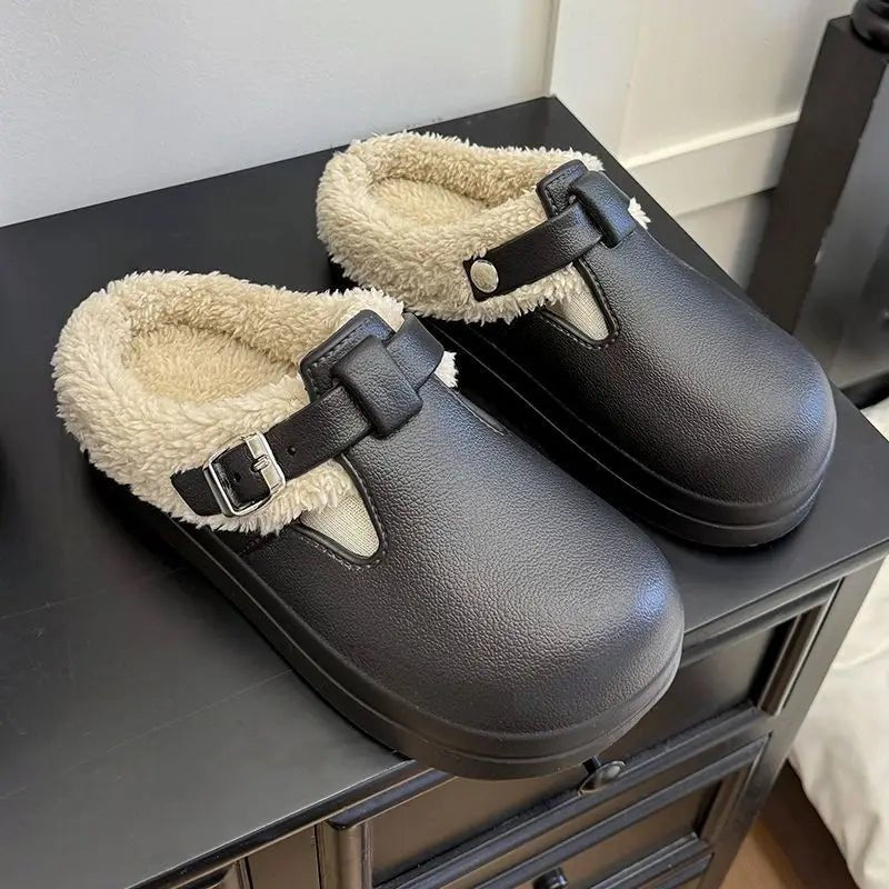 Waterproof Eva Furry Mules Slippers Women 2025 Winter Metal Buckle Warm Plush Slippers Soft Thick Bottom Non Slip Indoor Slides - PrimeNest