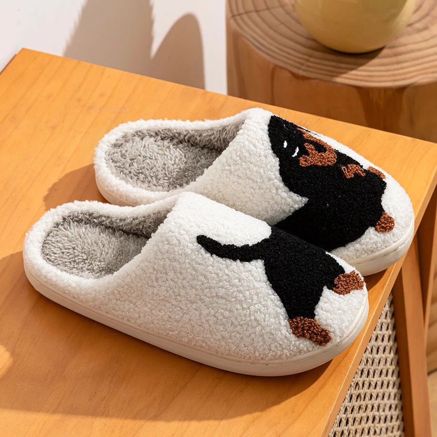 Winter Women's Slippers Cute and Interesting Cartoon Little Black Dog Indoor Warm Comfort Home Bedroom Soft Causal Plush Shoes - PrimeNest