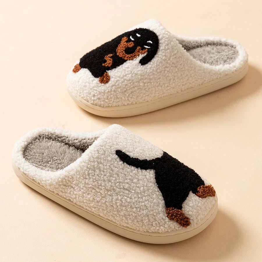 Winter Women's Slippers Cute and Interesting Cartoon Little Black Dog Indoor Warm Comfort Home Bedroom Soft Causal Plush Shoes - PrimeNest