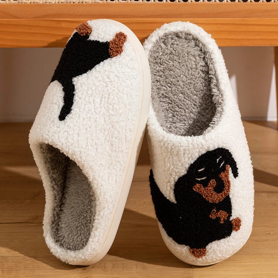 Winter Women's Slippers Cute and Interesting Cartoon Little Black Dog Indoor Warm Comfort Home Bedroom Soft Causal Plush Shoes - PrimeNest
