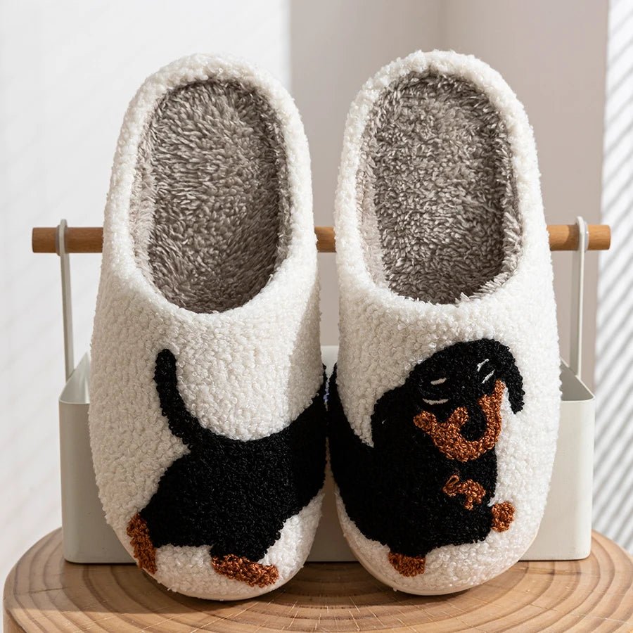 Winter Women's Slippers Cute and Interesting Cartoon Little Black Dog Indoor Warm Comfort Home Bedroom Soft Causal Plush Shoes - PrimeNest