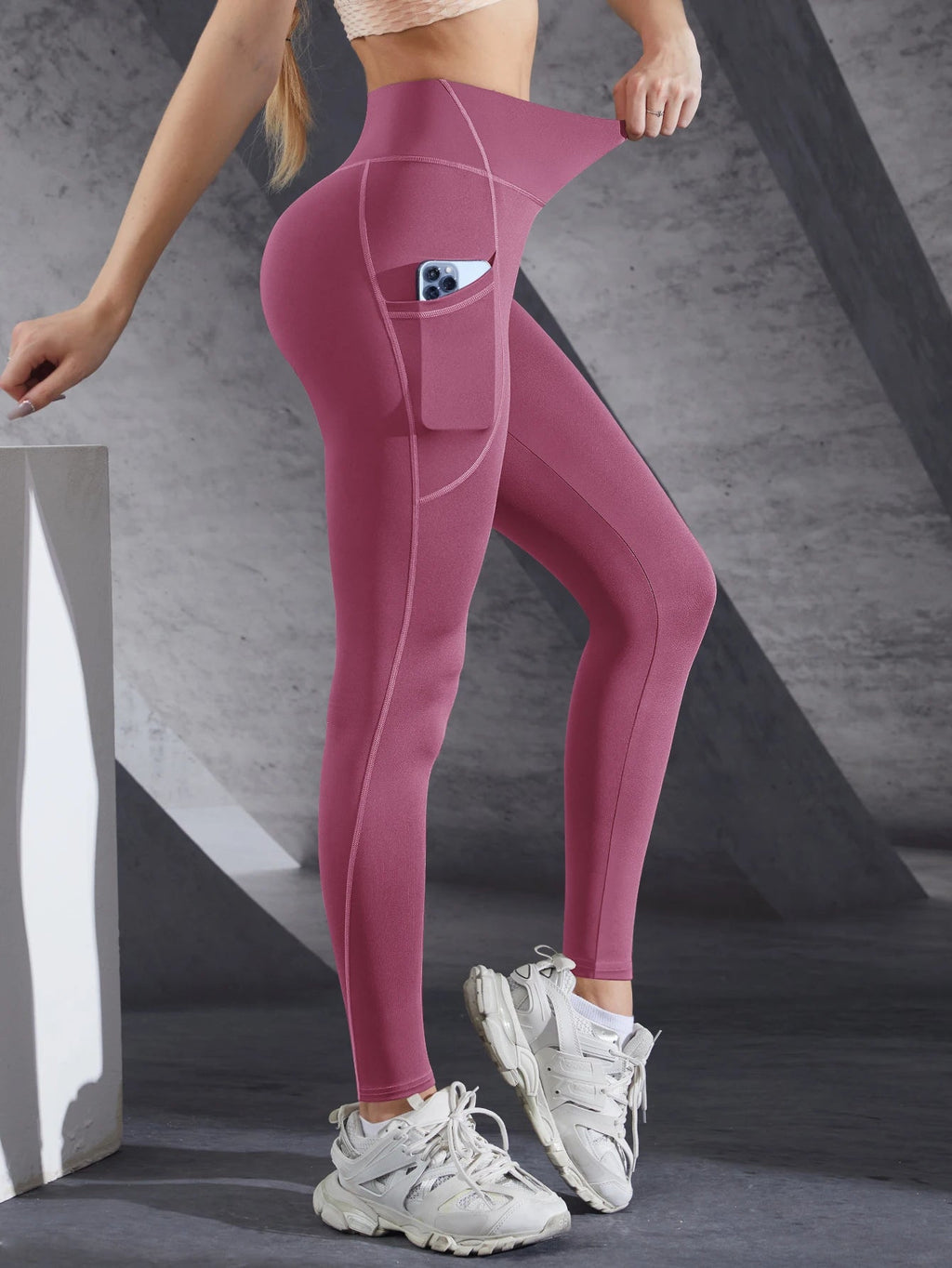 Women High Waist Elastic Workout Yoga Leggings Tummy Control With Side Pockets Pants Seam Gym Fitness Sportswear Tights - PrimeNest
