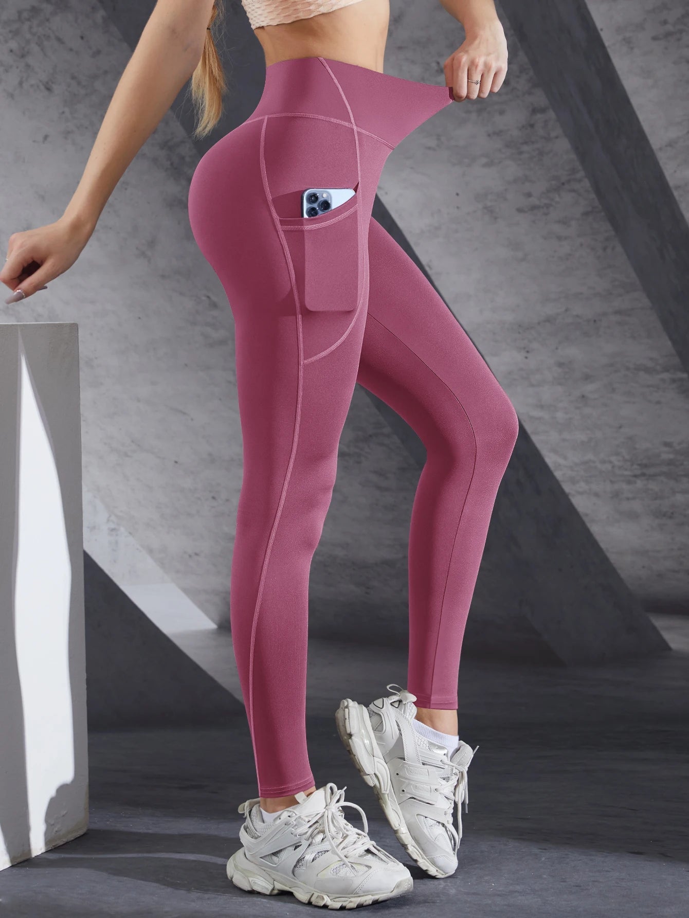 Women High Waist Elastic Workout Yoga Leggings Tummy Control With Side Pockets Pants Seam Gym Fitness Sportswear Tights - PrimeNest