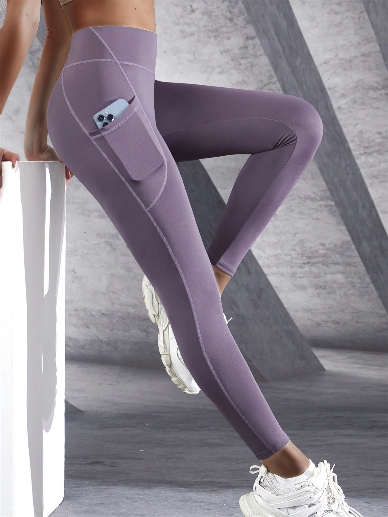 Women High Waist Elastic Workout Yoga Leggings Tummy Control With Side Pockets Pants Seam Gym Fitness Sportswear Tights - PrimeNest