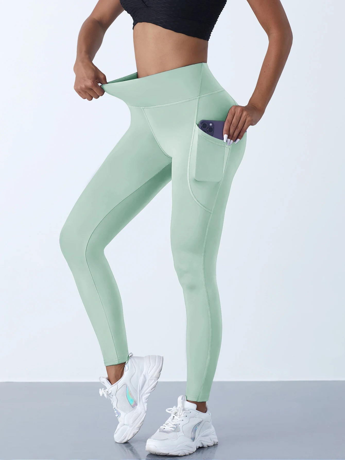 Women High Waist Elastic Workout Yoga Leggings Tummy Control With Side Pockets Pants Seam Gym Fitness Sportswear Tights - PrimeNest