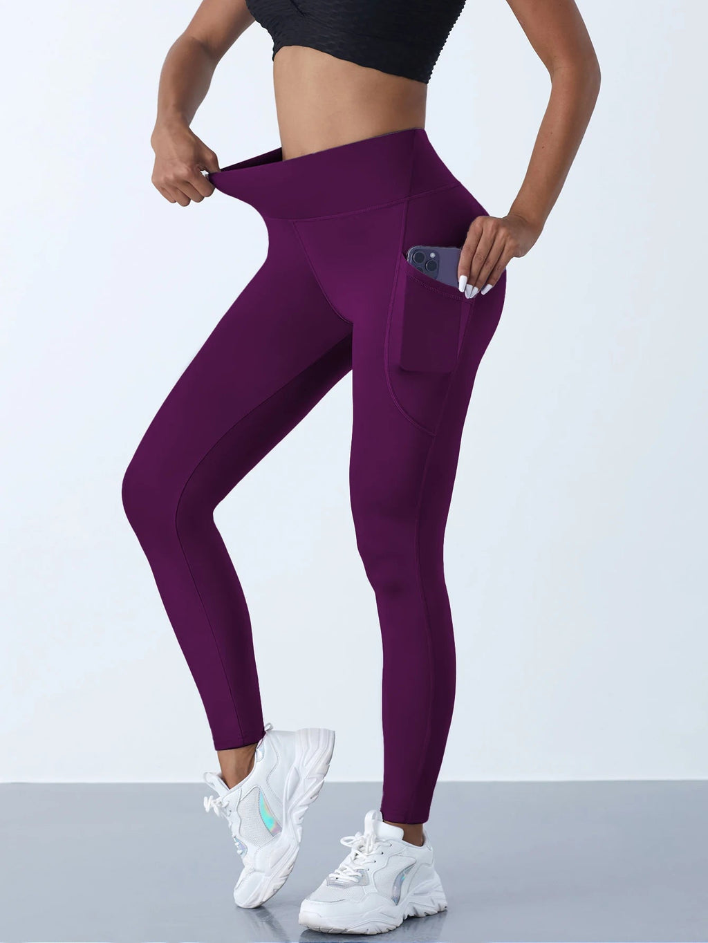 Women High Waist Elastic Workout Yoga Leggings Tummy Control With Side Pockets Pants Seam Gym Fitness Sportswear Tights - PrimeNest