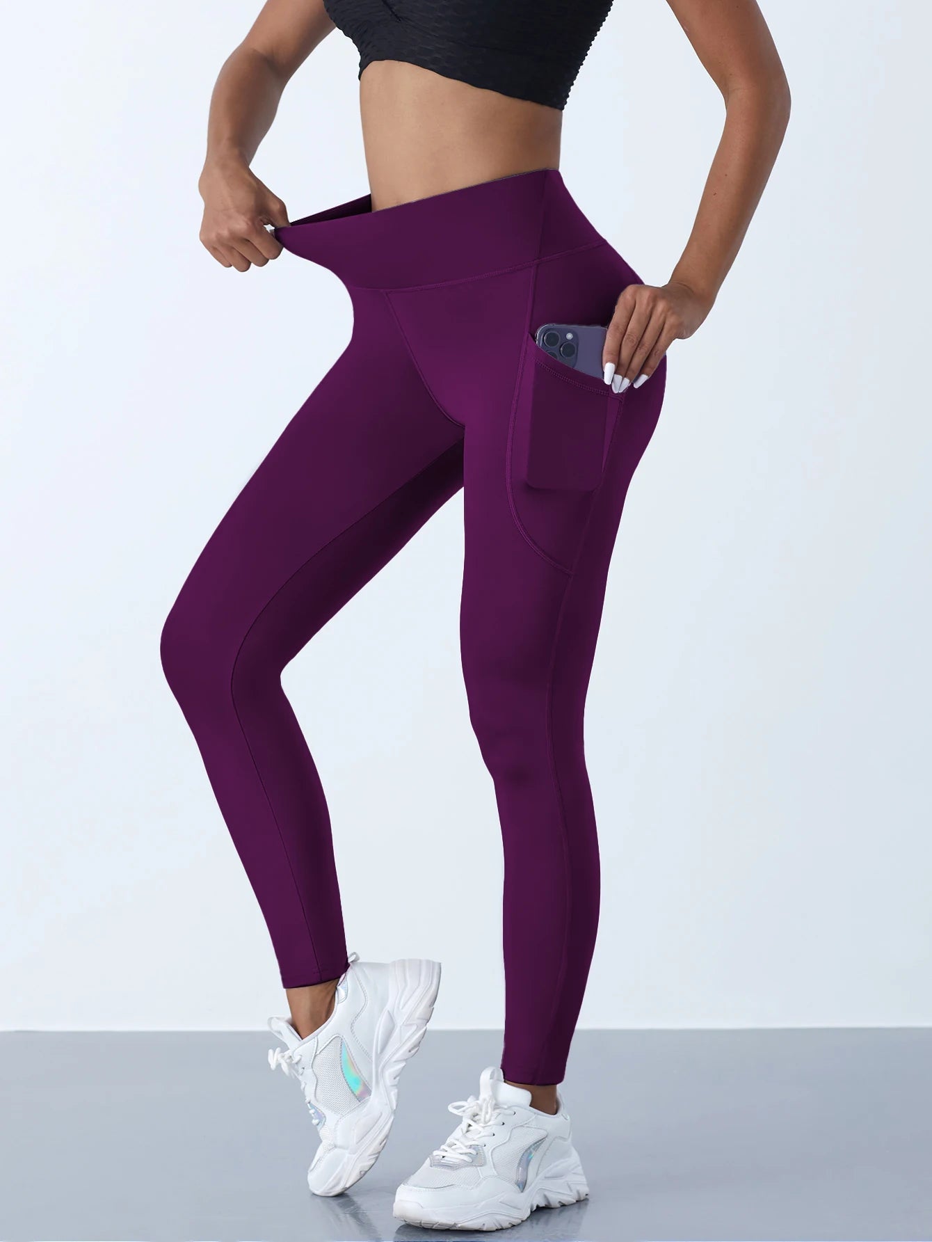 Women High Waist Elastic Workout Yoga Leggings Tummy Control With Side Pockets Pants Seam Gym Fitness Sportswear Tights - PrimeNest