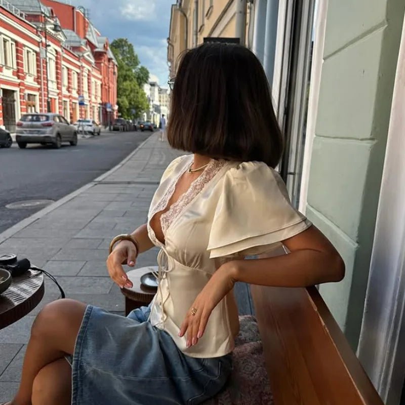 Women Solid Lace Tops V-Neck Short Sleeves Satin Slim Regular Streetwear Tees Female Summer Pure Desire Hot Girl T Shirts 2026 - PrimeNest