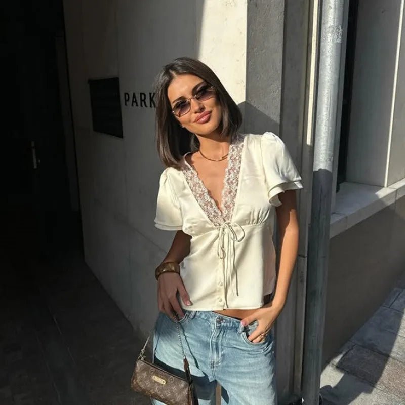 Women Solid Lace Tops V-Neck Short Sleeves Satin Slim Regular Streetwear Tees Female Summer Pure Desire Hot Girl T Shirts 2026 - PrimeNest
