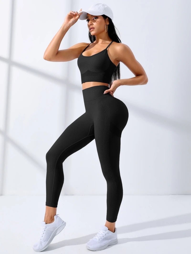 Women Yoga Set 2/Pcs Seamless Workout Outfits Yoga Sportswear Tracksuit Leggings And Thin Shoulder Strap Stretch Sports Bra Fitn - PrimeNest