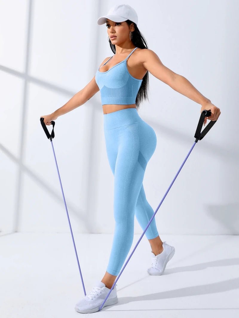 Women Yoga Set 2/Pcs Seamless Workout Outfits Yoga Sportswear Tracksuit Leggings And Thin Shoulder Strap Stretch Sports Bra Fitn - PrimeNest