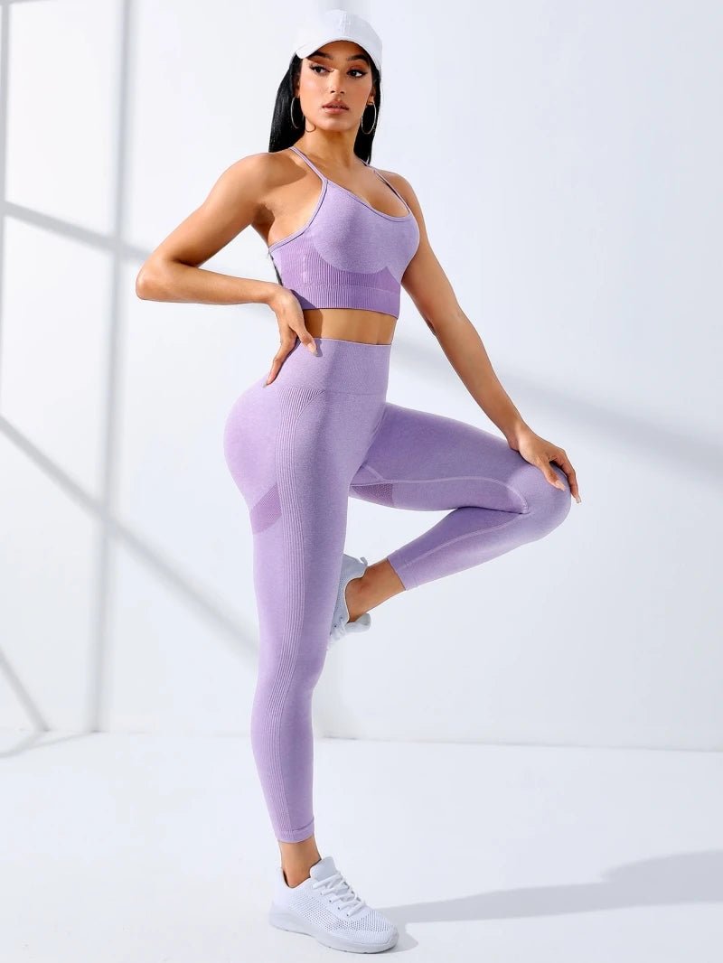 Women Yoga Set 2/Pcs Seamless Workout Outfits Yoga Sportswear Tracksuit Leggings And Thin Shoulder Strap Stretch Sports Bra Fitn - PrimeNest