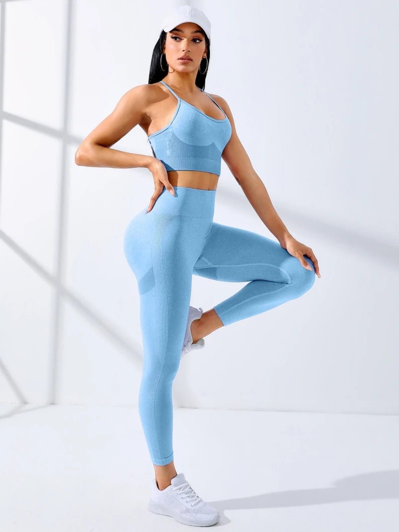Women Yoga Set 2/Pcs Seamless Workout Outfits Yoga Sportswear Tracksuit Leggings And Thin Shoulder Strap Stretch Sports Bra Fitn - PrimeNest