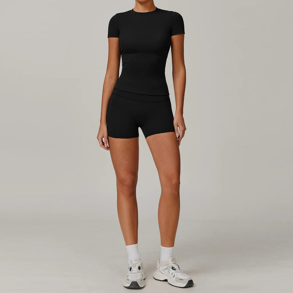 Women Yoga Set 2PCS Workout Set Sportswear Gym Clothing Fitness Long Sleeve High Waist Leggings Cycling Shorts Sports Suits - PrimeNest
