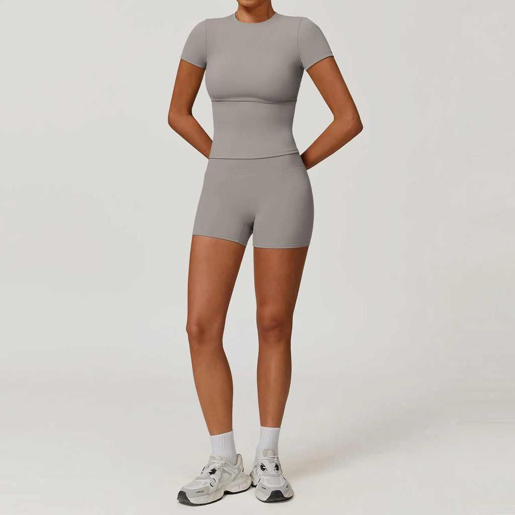 Women Yoga Set 2PCS Workout Set Sportswear Gym Clothing Fitness Long Sleeve High Waist Leggings Cycling Shorts Sports Suits - PrimeNest