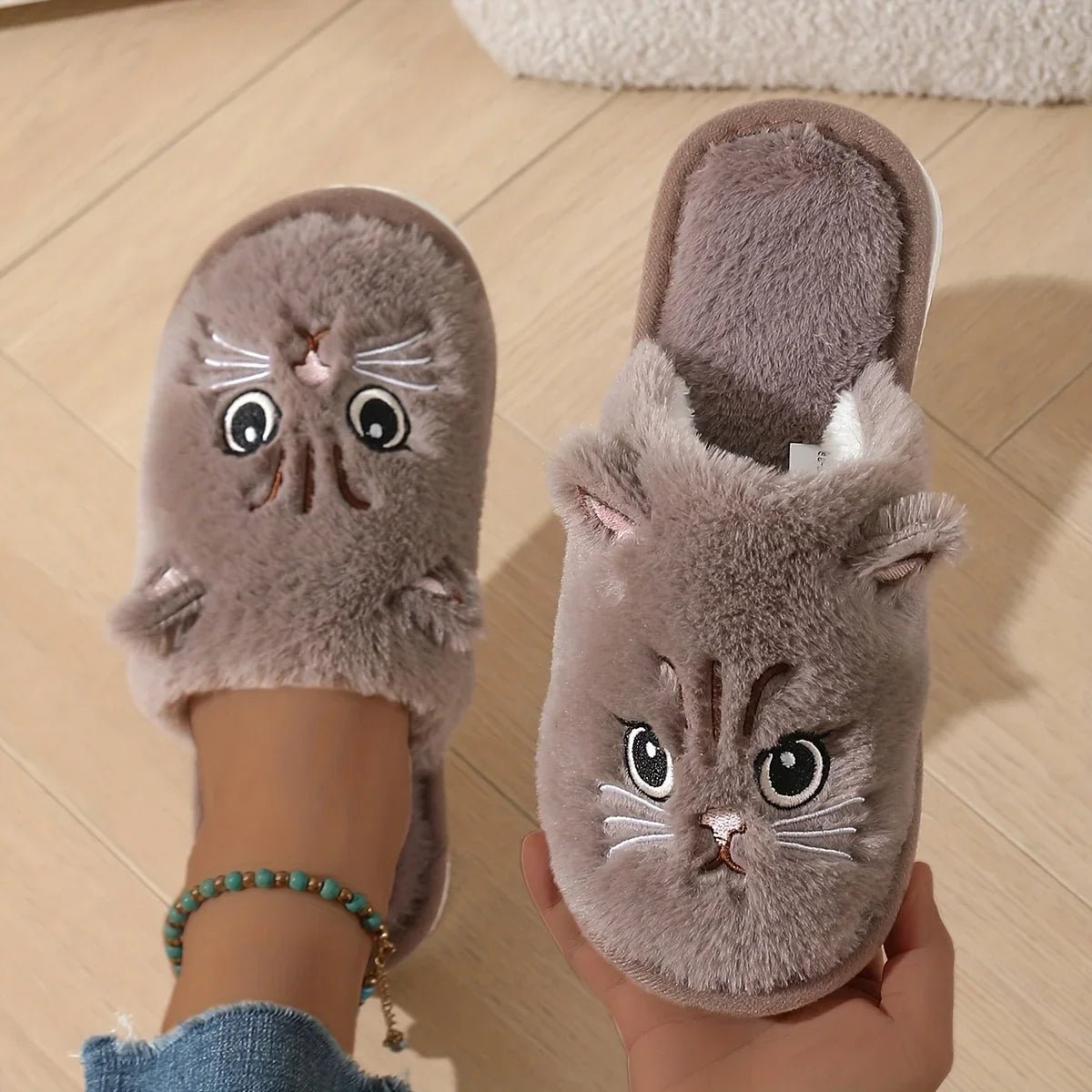 Womens Plush Cat Slippers Winter Warm Cozy Indoor House Shoes Soft EVA Sole Non-Slip Design - PrimeNest