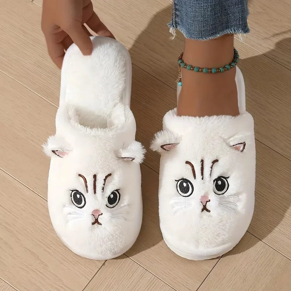 Womens Plush Cat Slippers Winter Warm Cozy Indoor House Shoes Soft EVA Sole Non-Slip Design - PrimeNest