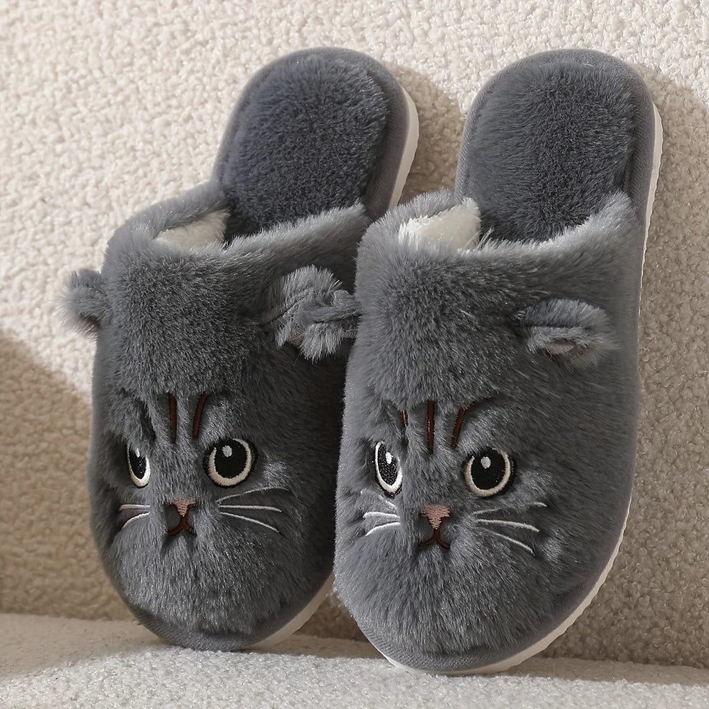 Womens Plush Cat Slippers Winter Warm Cozy Indoor House Shoes Soft EVA Sole Non-Slip Design - PrimeNest