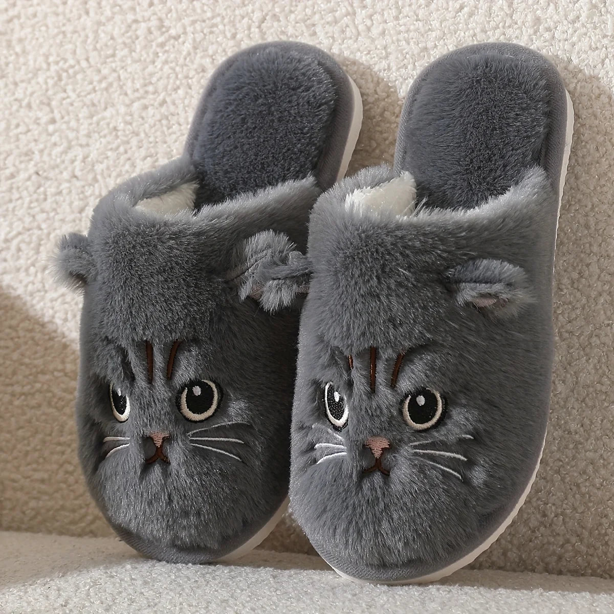 Womens Plush Cat Slippers Winter Warm Cozy Indoor House Shoes Soft EVA Sole Non-Slip Design - PrimeNest