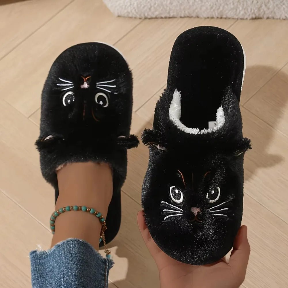 Womens Plush Cat Slippers Winter Warm Cozy Indoor House Shoes Soft EVA Sole Non-Slip Design - PrimeNest