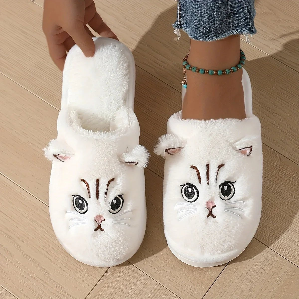 Womens Plush Cat Slippers Winter Warm Cozy Indoor House Shoes Soft EVA Sole Non-Slip Design - PrimeNest