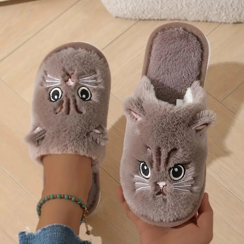 Womens Plush Cat Slippers Winter Warm Cozy Indoor House Shoes Soft EVA Sole Non-Slip Design - PrimeNest
